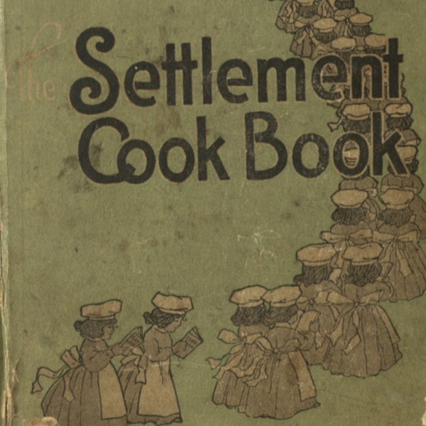 A procession of women in chef’s hats and aprons. They read pamphlets while marching upward in a two-by-two line, which curves around the title: "The Settlement Book".